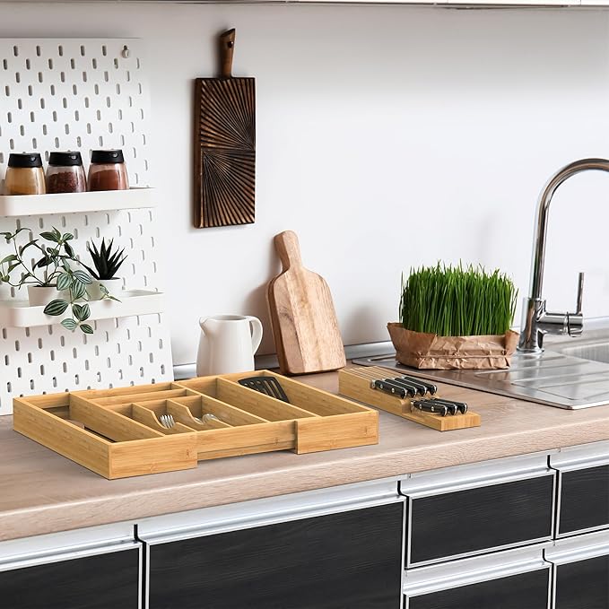 Bamboo Kitchen Drawer Organizer, Expandable Silverware Organizer with Removable Knife Block, 6-8 Slots- Utensil Holder & Cutlery Tray Drawer Dividers, 2.36" Deep for Extra Capacity, Natural