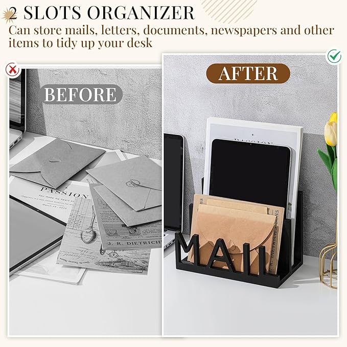 2 Slot Mail Organizer Holder Countertop Wooden Mail Black Letter Holder with Cutout Lettering Design for Office Desktop Envelope and Document Storage Rack
