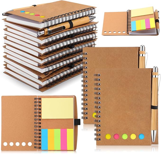 Chuangdi 10 Sets Employee Appreciation Gifts Bulk, Inspirational Kraft Spiral Notebooks with Sticky Notes and Bamboo Pens, Motivational Team Gifts for Office Staff, Coworker, Teachers, Students
