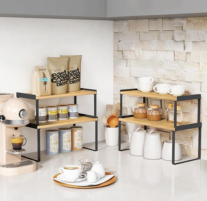 Kitchen Cabinet Organizer Shelf Set of 4, Stackable Pantry Cupboard Countertop Storage and Organizer, Desk Shelf Riser, Spice Plate Cup Expandable Storage Rack,(Black Bamboo) Large