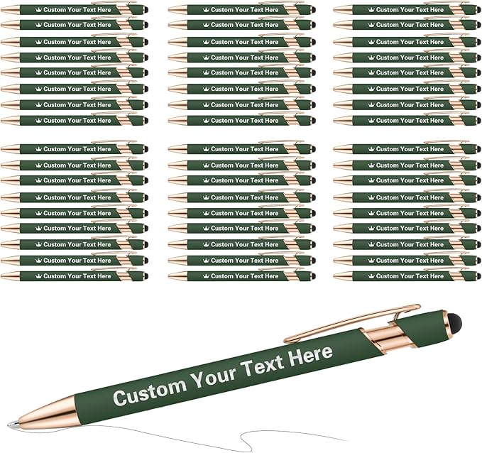 ENOMY 50 Pcs Bulk Personalized Custom Pens with Stylus Ballpoint Pens Customized with Text Logo Name Best Gift for College Business Promotion Wedding Birthday Christmas (Deep Green)