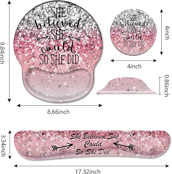 Keyboard Wrist Rest and Mouse Pad Wrist Support Set with Coasters, She Believed She Could So She Did Inspirational Quote Wrist Mouse Pad with Non-Slip PU Base for Computer Laptop Home Office
