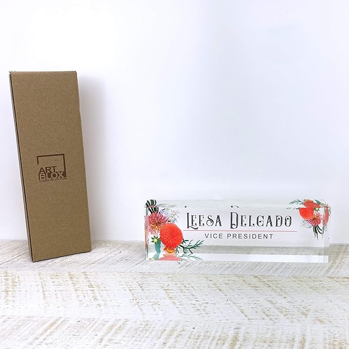 Artblox Office Desk Name Plate Personalized | Custom Name Plates for Desks | Autumn Flowers Design On Clear Acrylic Glass | Office Desk Decor - (8" x 2.5")