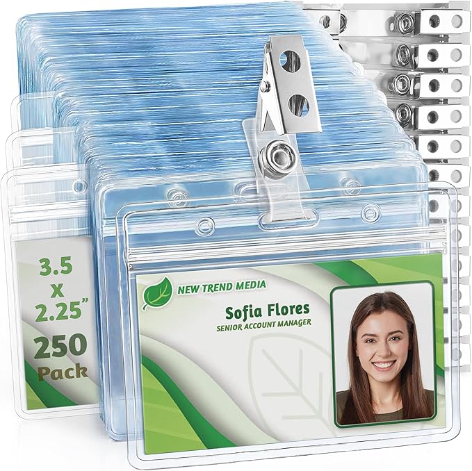 EcoEarth - Horizontal PVC ID Badge Holder with Metal Clips & Vinyl Straps with Soft Edge - Sealable Fits 3.5x2.25 inch Inserts - Clear, 250 Pack - Waterproof ID Card Holder Bulk - Name Tag