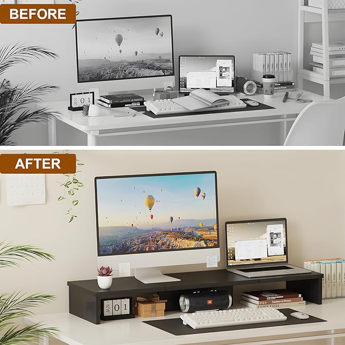 Dual Monitor Stand Riser, Large Computer Monitor Stand for Desk, Monitor Riser for 2 Monitors, Wood Desk Shelf for Top of Desk, Desktop Organizer for Computer, Laptop, Printer, TV