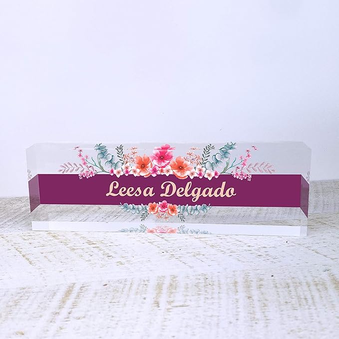 Artblox Personalized Office Desk Name Plate and Business Card Holder | Clear Acrylic Glass with Teak Wood Stand | Wild Flowers Design Customized with Your Name and Credentials Office Desk Decor