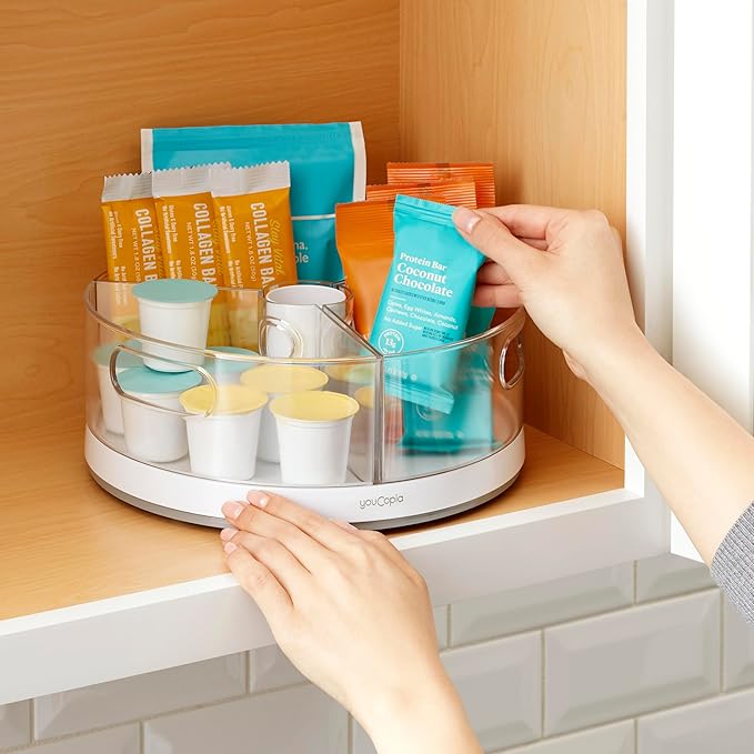 YouCopia Crazy Susan Lazy Susan Organizer, 3 BPA-Free Removable Clear Bins with Handles, Rotating Storage Turntable for Kitchen Cabinet, Pantry and Bathroom Organization