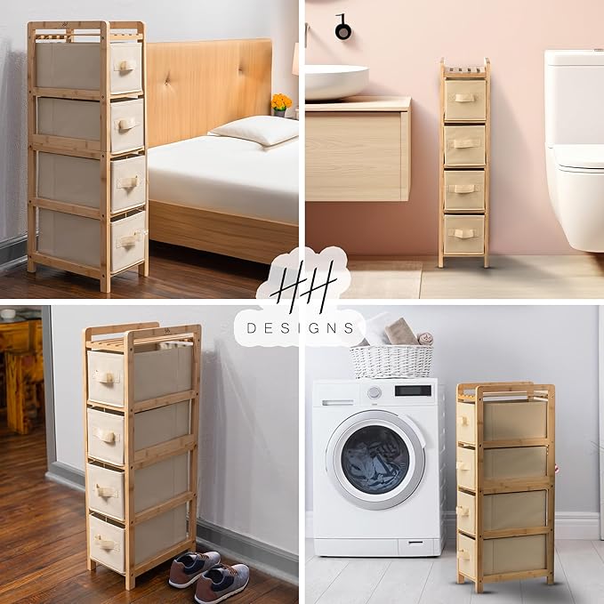 HH DESIGNS Wooden Narrow Dresser- Skinny with 4 Fabric Drawers- Slim for Small Spaces- Vertical Bamboo Storage- Skinny for Bedroom, Living Room, Laundry Room