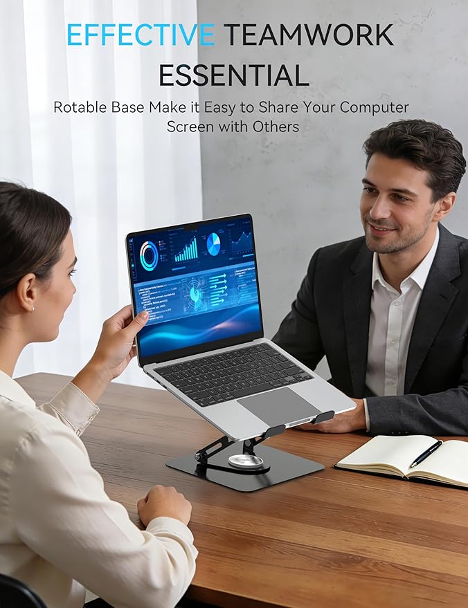 SOUNDANCE Laptop Stand with 360° Rotating Base, Ergonomic Computer Riser for Desk, Adjutable Height Muti-Angle, Foldable Laptop Mount, Stable Metal Holder Support 10-15.6" Notebook PC, Black