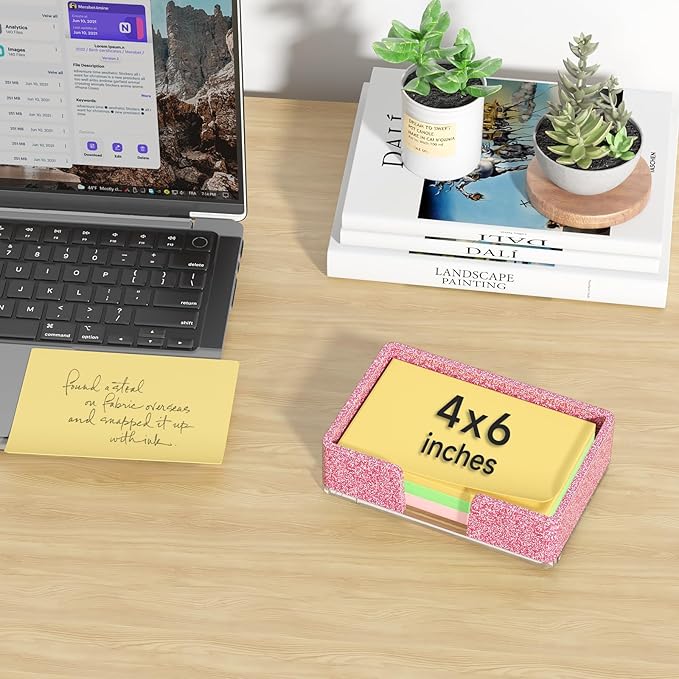 Sticky Note Holder, Glitter Pink Acrylic Notepad Holder 4x6 in Self-Stick Note Dispenser Office Desk Accessories, Memo Pad Holder Organizer for Classroom School Supplies