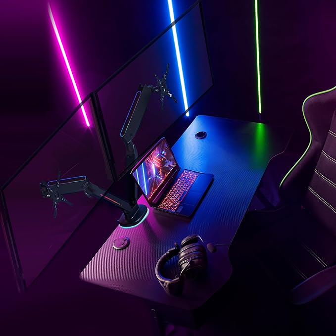 AVLT Dual 27”-43” RGB Gaming Monitor Arm Desk Mount Built-in 20 Lighting Modes Touch Button Control Fits Flat/Curved/Ultrawide Screen Height Swivel Tilt Rotation Adjustable Stand -Black
