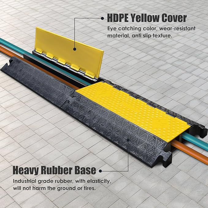 Large 2-Channel Rubber Floor Cable Protector Ramp, Heavy-Duty Floor Cable Wire Cord Cover Speed Bumps, Driveway Hose Cable Ramp Protective Cover (2 Large Channels)