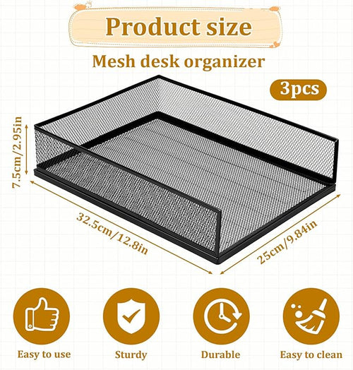 3 Pcs Black Metal Letter Tray, 3-Tier Stackable Paper Tray, Metal Mesh Desktop Organizer, Single Wire Mesh Organizer Front Load File Paper Holder, File Document Storage Rack for Office, School, Home