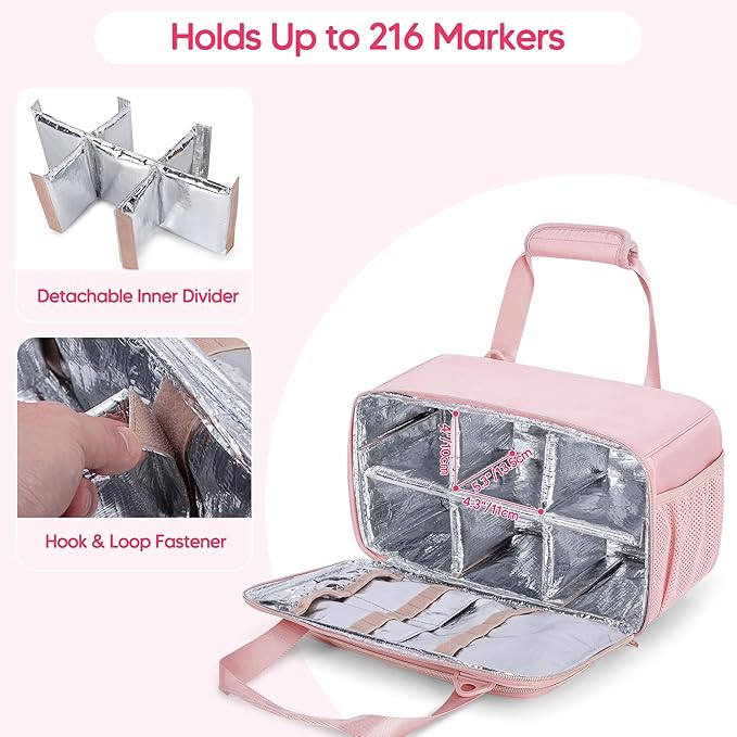 Marker Organizer Case Holding up to 216 Markers, Marker Storage Carrying Bag, Large Marker Holder with Shoulder Strap, Pink