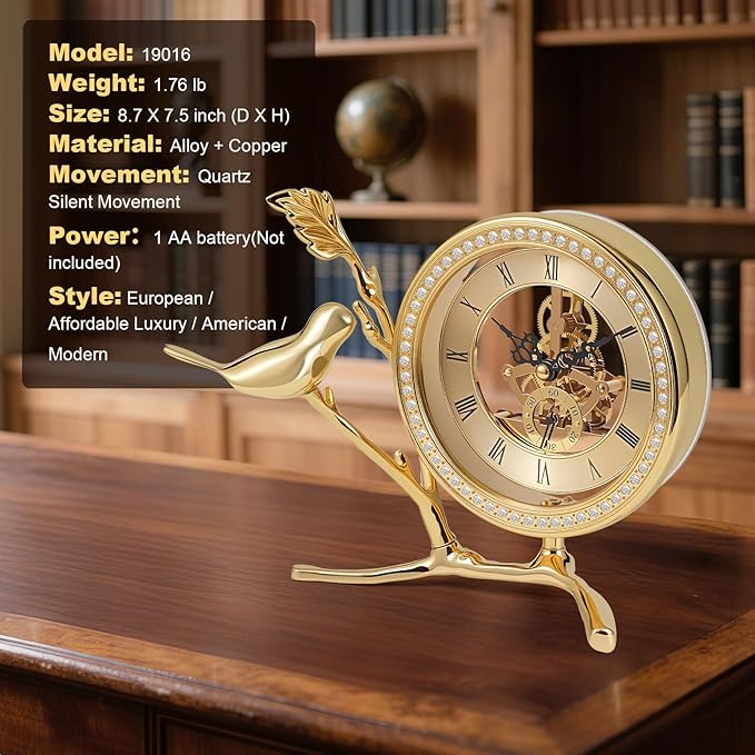 Anniversary Clock with Skeleton Dial & Gears, Golden Tabletop Clock for Living Room, Silent Battery Operated Desk Clock, Vintage Home Decor Gift Idea (Gold)