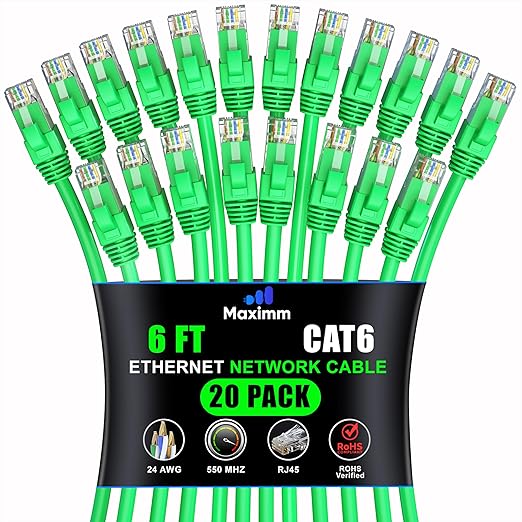 Maximm Cat 6 Ethernet Cable 6 ft (20-Pack) - High-Speed LAN Cable, Internet Cable, Patch Cable, and Network Cable - UTP, 10Gbps, 550MHz Ethernet Cord - Green