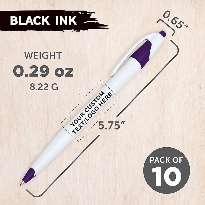 DISCOUNT PROMOS Custom Slim Curvy Ballpoint Pens Set of 10, Personalized Bulk Pack - Black Ink, Retractable, Great for Office, School, Tradeshows - Purple