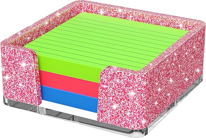 Sticky Note Holder, Glitter Pink Acrylic Notepad Holder 3x3 in Self-Stick Note Dispenser Office Desk Accessories, Memo Pad Holder Organizer for Classroom School Supplies
