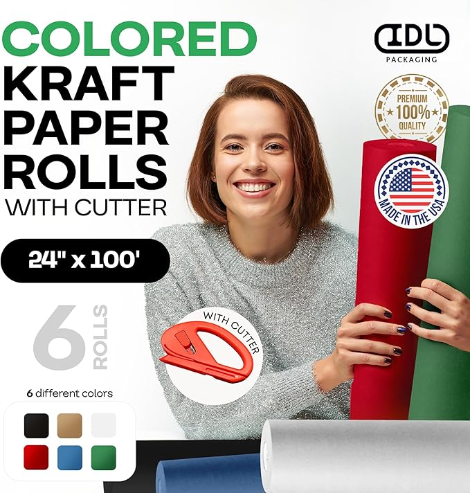 Assorted Colors Construction Paper with Cutter, Set of 6 Rolls 24" x 1200" (100 ft) - USA-Made Natural Multi-Color Paper for Gift Wrapping, Kids' Arts & Crafts, School & DIY Projects by IDL Packaging