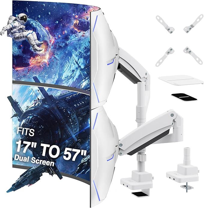 AVLT Dual 57 Inch Heavy Duty Stacking Monitor Arm Pole Top Mount With USB-C USB-A Ports-White, Height Adjustable, Easy Install Top C-Clamp/Grommet With Reinforcement Plates, VESA Compatible 200/100/75