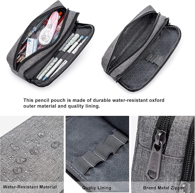 Della Gao Big Capacity Pencil Pen Case Nylon Large Pencil Pouch Simple Stationery Bag Office Organizer Pen Bag for Men Women - Grey