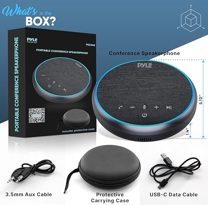 PyleUsa Conference Speaker Bluetooth Speakerphone - Multipurpose Conference & Streaming Speaker,Noise Canceling Swiss Immersive Crisp Voice Pickup for Office,Travel,Home, w/USB-C,Aux Cables - PSCN42
