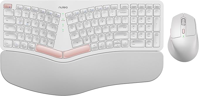 Nulea KM75 Wireless Keyboard and Mouse Combo, Comfortable Natural Typing, Palm Rest, Multi-Device (Bluetooth, 2.4G, Wired), Rechargeable, for Multi-OS, Windows, Mac, Android (White Pink)