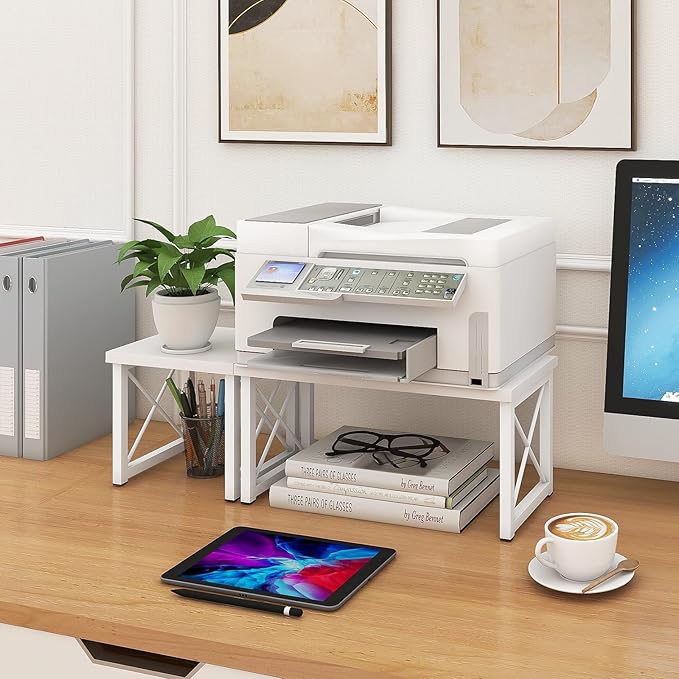 ELITEROO Wood Desktop Shelf, Freestanding Small Bookshelf Dorm Supplies Organizers, 2 Tier Independent Stackable Desk Stand, Adjustable Storage Organizer, Kitchen Counter Display Rack, White