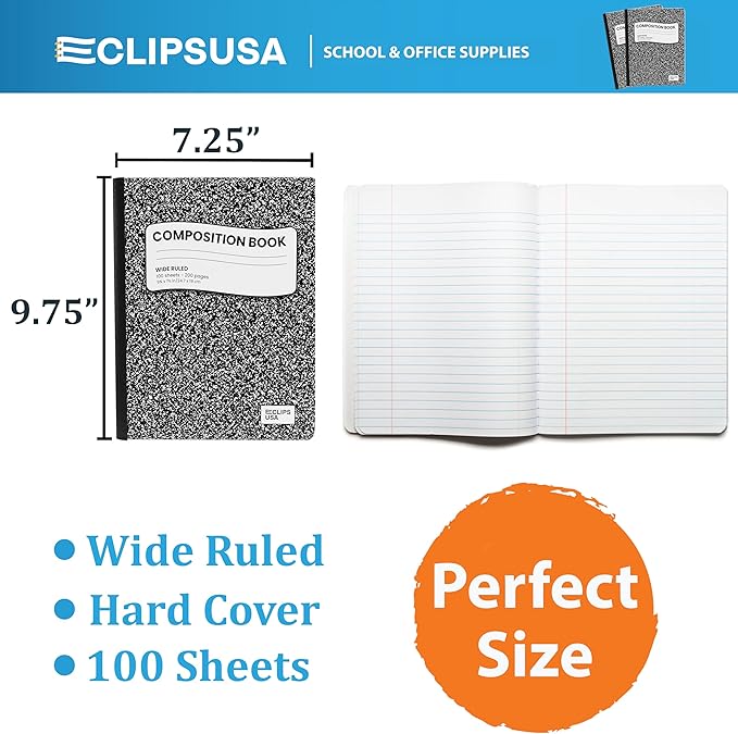 Composition Notebook Wide Ruled Composition Notebooks Bulk Black Marble Hard Cover Wide Ruled Notebook Paper Note Books For Schools Marble Composition Books 100 Sheets 200 Pages 9.75” x 7.25” (48 Pack)