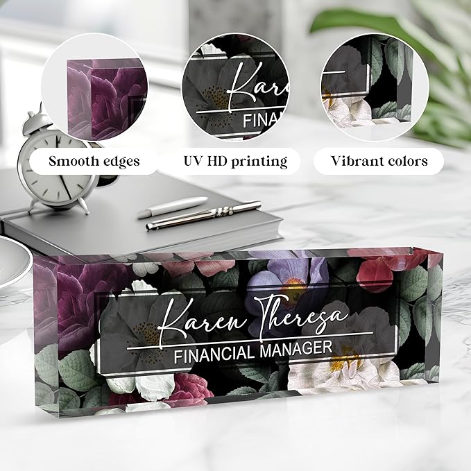 Custom Office Name Plate, Personalized Gifts for Women & Men, Appreciation Gifts for Employees, Office Desk Accessory (Night Flower)