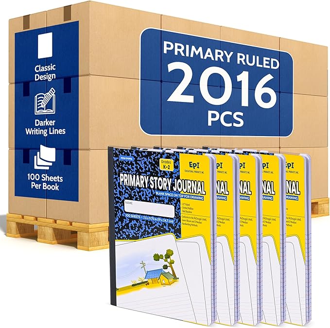 EPI 2016 Pack (Pallet) Primary Ruled Composition Notebook Bulk, 200 pages (100 Sheets), 9-3/4 x 7-1/2, Blank Top Header For Drawing, Story Paper, Heavy Duty, School Supplies, Grades K-2, Sewn Binding