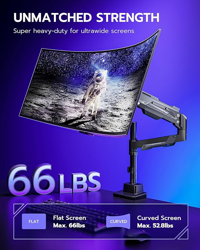 ARES WING CoreArm Single Monitor Mount, Ultrawide Monitor Arm for 24 to 57'' Heavy Duty Curved Screen, Adjustable Gas Spring Monitors Arm Stand up to 66LBS with 75/100/200 Vesa Mount, Black