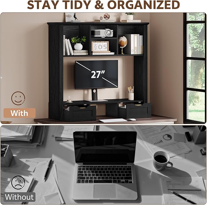 Desktop Bookshelf with Computer Monitor Stand, 37.4''W Desk Shelf Display Rack, Desktop Organizer Storage Rack with 4 Cubbies and 2 Drawers, 5-Tier Desk Hutch for Home, Office, Dorm, Vanity