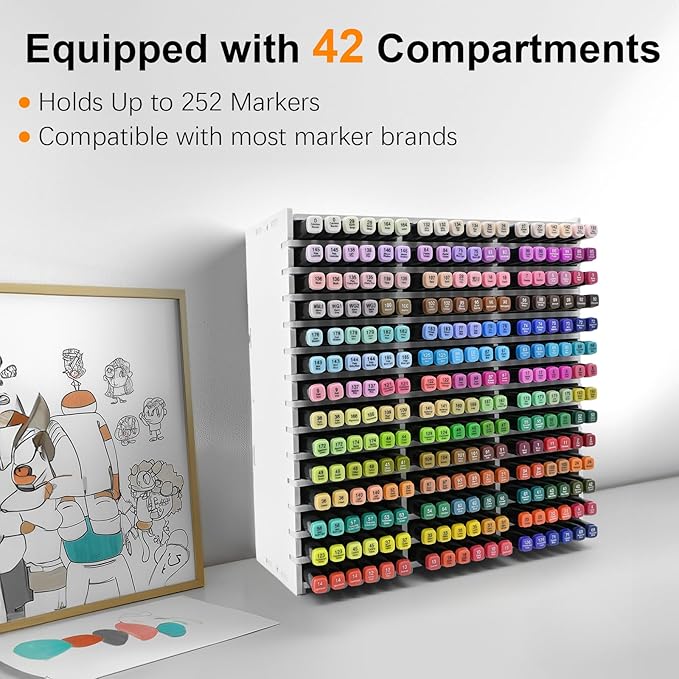 Marker Storage Organizer, Marker Holder for 252 Markers, Pens, Watercolor Brushes, and Colored Pencils – Desktop Art Supply Organizer for Home, Office, and Classroom