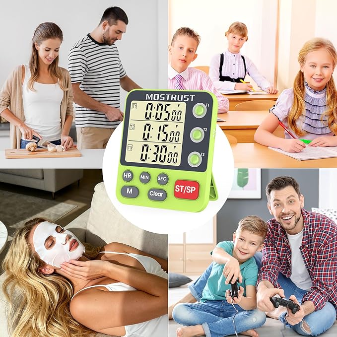 Digital Dual Kitchen Timer, 3 Channels Countdown Triple Timer for Cooking, Magnetic Memory-Preset Large-Display Adjustable Alarm Volume, Multi Times Management, 3A Battery Included, Green