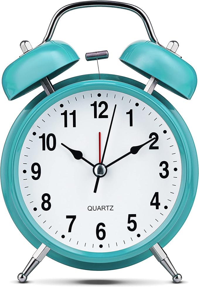 Bernhard Products Analog Alarm Clock 4" Twin Bell Robin Egg Blue Silent Non-Ticking Quartz Battery Operated Extra Loud with Backlight for Bedside Desk, Retro