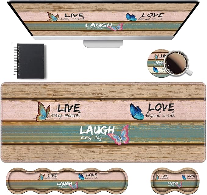 Ergonomic Keyboard Wrist Rest & Mouse Pad Wrist Rest Set, Large XXL Gaming Desk Mat 31.5"x 11.8" with Memory Foam, Easy Typing Pain Relief for Office & Home, Vintage Wood Board Live Laugh Love
