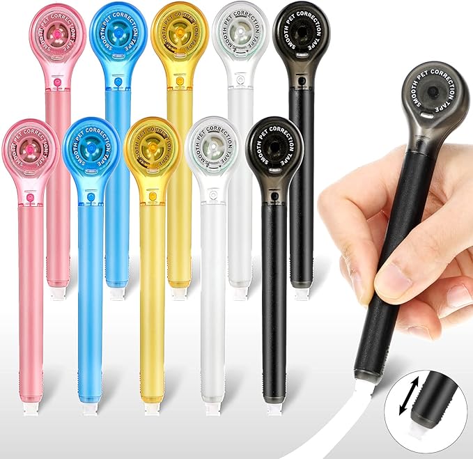 Gersoniel 10 Pack Correction Tape Pen Correctional Ink Tape Push Pull Protective, Easy to Use Applicator for School Office Supplies, 0.2 x 236 Inch(Bright Color)