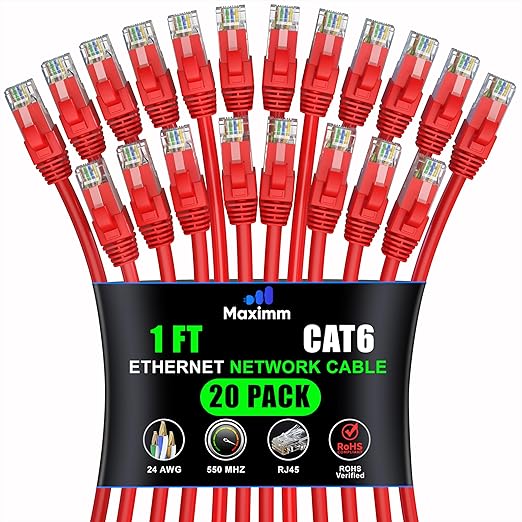 Maximm Cat 6 Ethernet Cable 1 ft (20-Pack) - High-Speed LAN Cable, Internet Cable, Patch Cable, and Network Cable - UTP, 10Gbps, 550MHz Ethernet Cord - Red