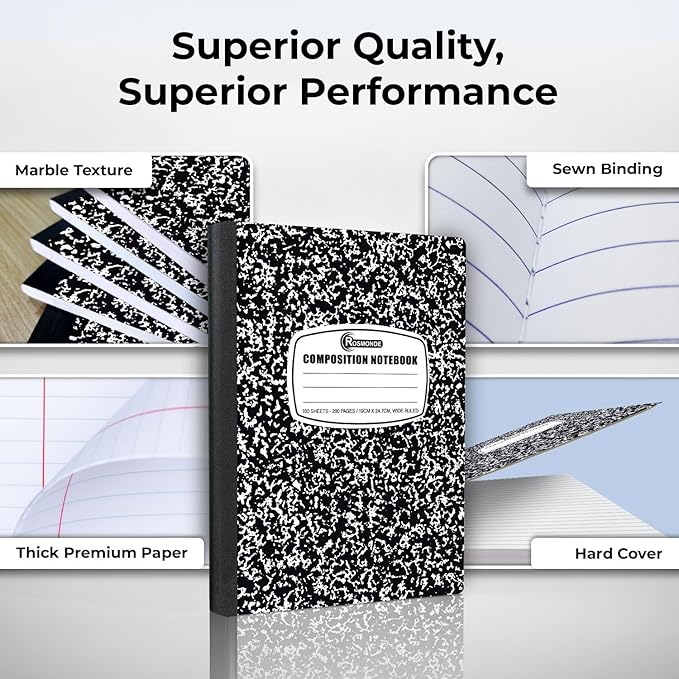 Rosmonde 5000 Pack (Pallet) Composition Notebook Bulk, Wide Ruled Sheets, 100 Sheets (200 Pages), 9-3/4 x 7-1/2, Bulk Supplies for School Districts & Office, Black Marble Notebooks, 4-7 Days Transit