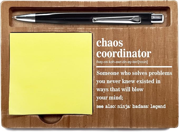 Inspirational Quotes Office Desk Decor Gift, Wooden Desk Note Pen Holder, Motivational Decor for Office Home, Chaos Coordinator Gifts for Colleague Family Friends-A04