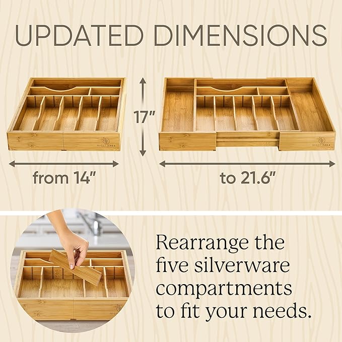 Night Tree 2.5” Extra Deep Silverware Drawer Organizer with Adjustable Dividers – Expandable Bamboo Flatware Tray for Kitchen, Reinforced Wood Cutlery Holder (14"-21.6" Wide)