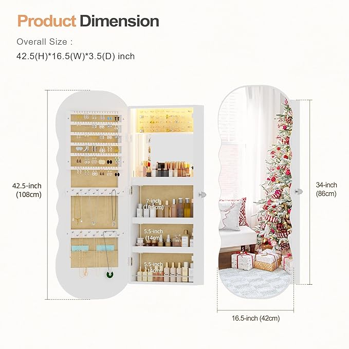 HNEBC LED Mirror Jewelry Cabinet,Wall or Door Mounted Jewelry Armoire Organizer with Lights,Lockable Wide Wavy Mirror with Storage,42.5" L Full Length Mirror with Jewelry Storage,Interior Mirror