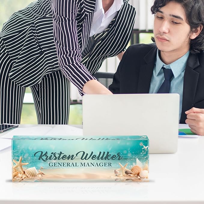 Personalized Name Plate for Desk Custom Acrylic Desk Name Plate Custom Employee Appreciation Gifts Office Gifts for Women, Men, Boss, Coworkers, Teacher, Nurse (Blue Underwater World)