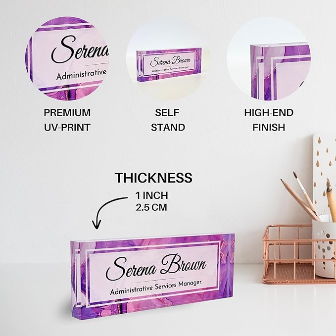 Customized Clear Acrylic Thick 8x3" Desk Name Plate Block with Personalized Logo - Professional Office Decor - Customized Acrylic Plate Gift for Teacher Co-workers, Christmas Gifts for Her, Thanksgiving Gifts (Purple Dream)