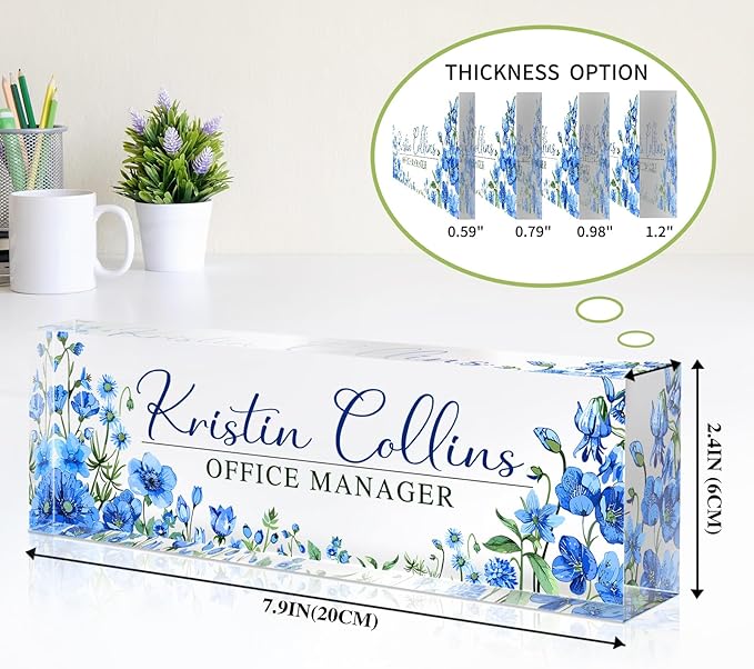 Custom Name Plate for Desk, Personalized Desk Name Plate on Clear Acrylic Glass, Appreciation Gifts for Teacher Employee Boss Coworkers Nurse, Office Desk Accessories for Women Men (Cerulean)