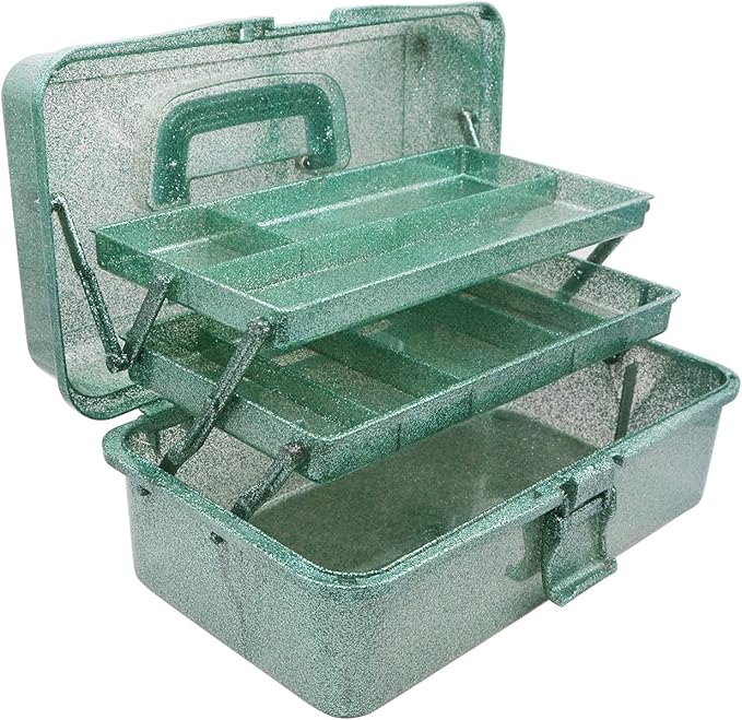 12.2inch 3-Layer Art & Craft Storage Box, Beautiful Sewing Supplies Organizer, Plastic Portable Tackle Boxes, Multipurpose Container for Art Supply Cosmetics Hair Accessories Painting Tools (Green)