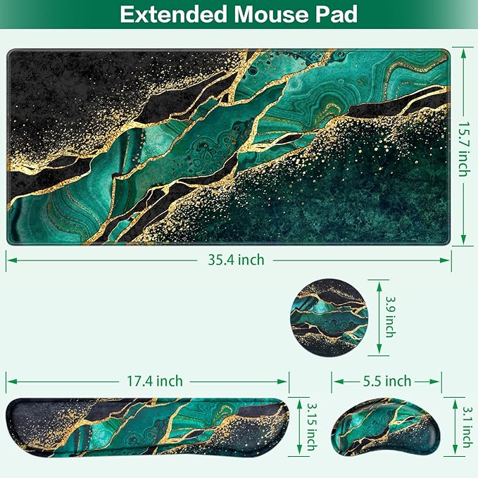 Mouse Pad Green, Desk Mat, Large Gaming Mouse Pad with Wrist Rest, 4in1 XXL Mousepad+Keyboard Wrist Rest+Mouse Pad Wrist Support+Cup Coaster Set Ergonomic Computer Desk Pad for Decor Office Women