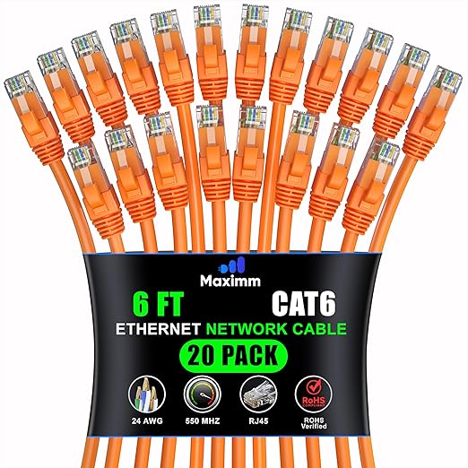 Maximm Cat 6 Ethernet Cable 6 ft (20-Pack) - High-Speed LAN Cable, Internet Cable, Patch Cable, and Network Cable - UTP, 10Gbps, 550MHz Ethernet Cord - Orange