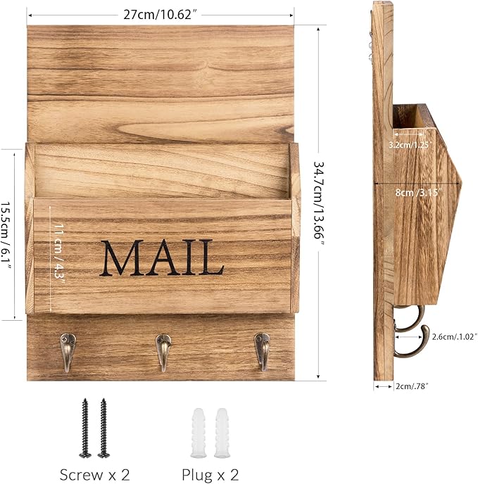 DLQuarts Mail Organizer with Key Holder for Wall Decorative Mail Sorter Wall Mounted, Wooden Mail Holder with 3 Hooks, Carbonized Brown